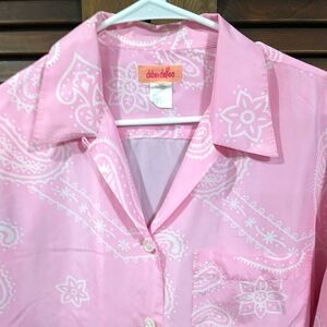 Vintage Debra Deroo Barbie Pink & White Paisley Short Sleeve Shirt Blouse Size L